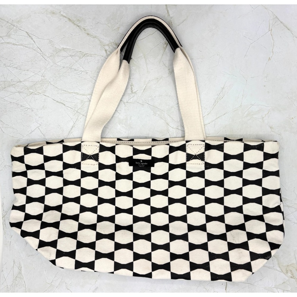 Kate Spade Canvas Cotton Tote Classic Bowtie Black White Leather Handle EUC - Picture 7 of 15